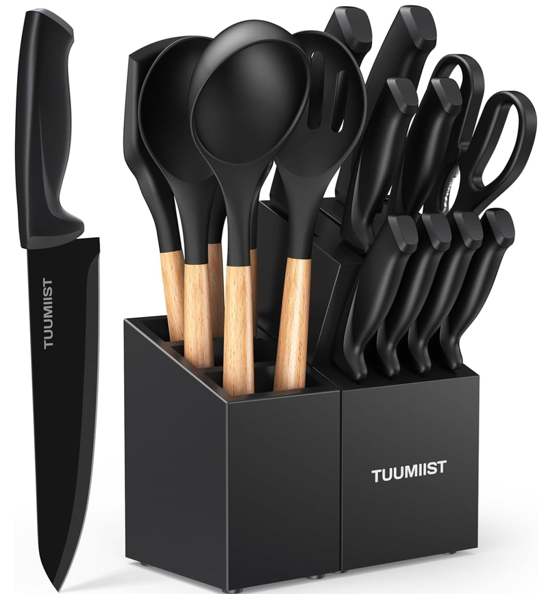 TUUMIIST 18件套 黑色厨房刀具与厨具套装 (高碳不锈钢/含带磨刀器刀座/耐高温硅胶厨具) 哑光黑