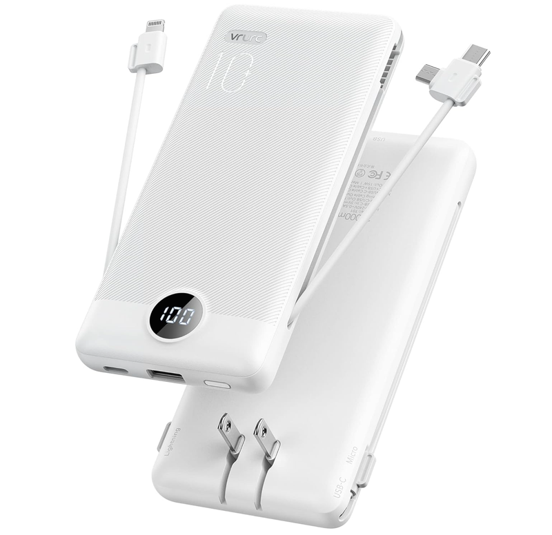 VRURC 10000mAh 便携充电宝/移动电源 (自带交流插头&多条充电线/5输出/超轻便) 白色