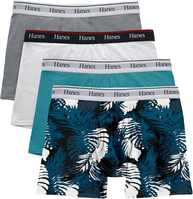 Hanes 男士弹力棉平角内裤/低腰四角裤 4条装 (吸湿排汗/Modern Fit/舒适弹力面料) 蓝色混色