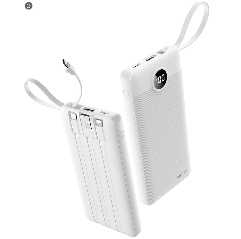 Coowisty 10000mAh 自带线充电宝 (5输出2输入/LED电量显示/超薄便携) 白色