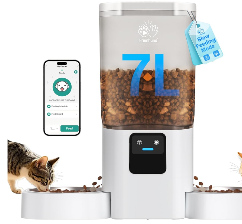 Frienhund 双猫自动喂食器/7L智能宠物喂食机 (双碗设计/2.4G-5G WiFi/App远程控制/Alexa支持) 白色