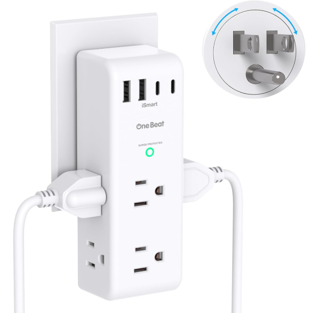 One Beat 旋转插座扩展器/墙插转换器 (6位AC+4个USB/含2个USB-C/1800焦耳浪涌保护/三面分插) 白色