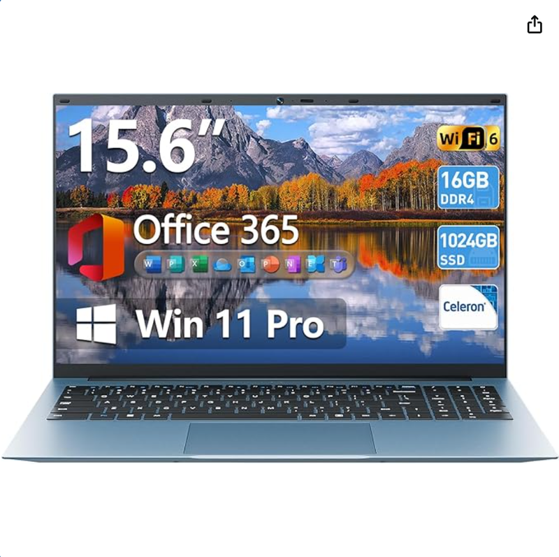 Naclud 15.6英寸轻薄笔记本电脑 (16GB RAM/1TB SSD/送Office 365/Win 11 Pro) 黑色