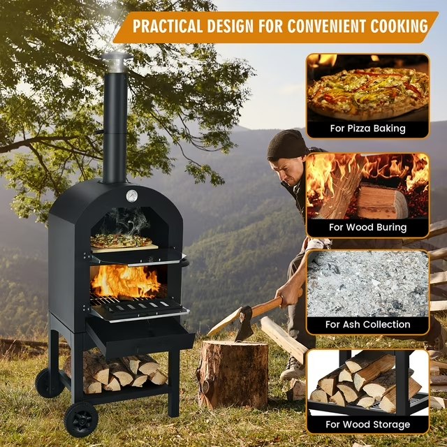 Costway Outdoor Pizza Oven Wood Fire Pizza Maker Grill w/ Pizza Stone & Waterproof Cover