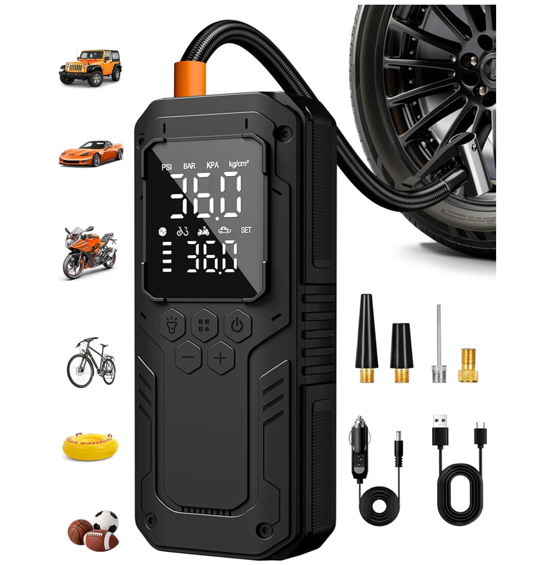 Wishokok 便携式无线汽车轮胎充气泵 (150psi/6000mAh/自动充停/带LED及充电宝功能) 黑色