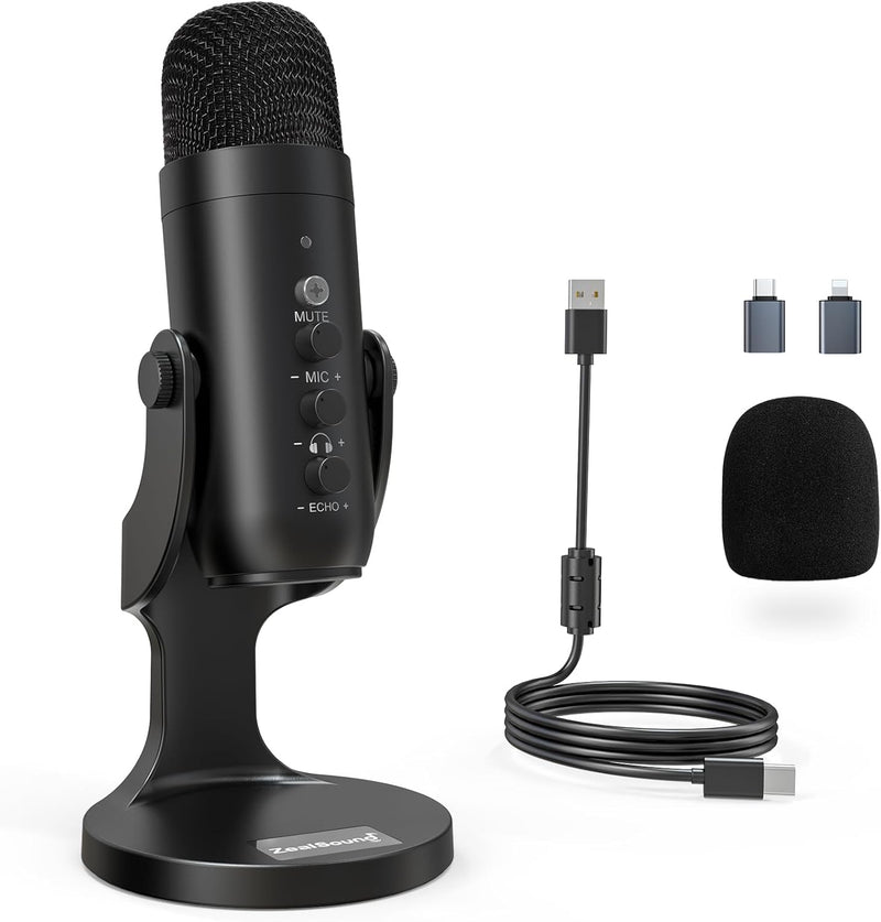 ZealSound K66 USB 播客级电容麦克风 (智能降噪/零延迟监听/即插即用/附赠转接头)