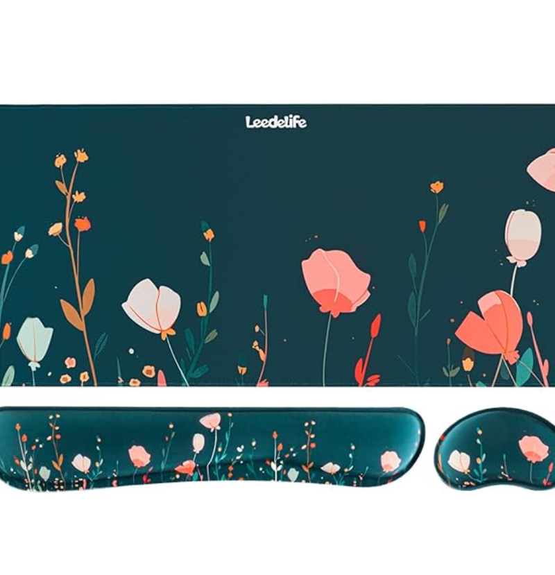 Leedelife 3合1人体工学鼠标垫套装 (含超大桌垫/键盘腕托/鼠标腕托/记忆海绵) 绿色印花