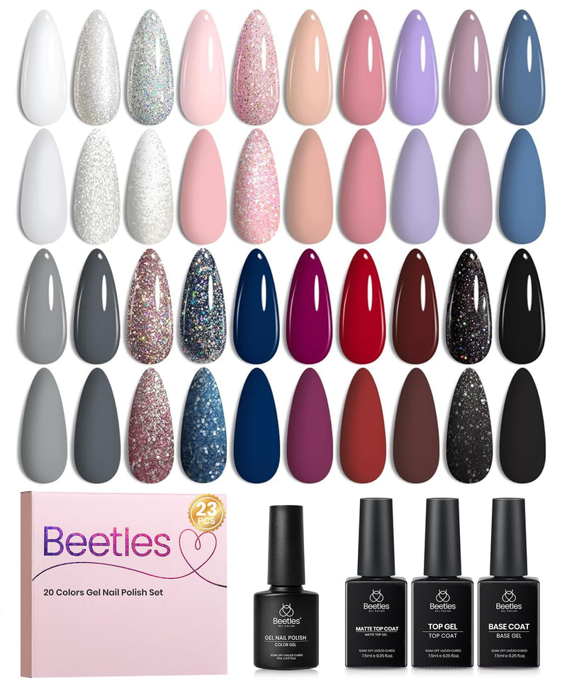 beetles Gel Polish CL136 20色裸色灰色粉色蓝色酒红色闪粉凝胶指甲油套装 带底油哑光亮面封层