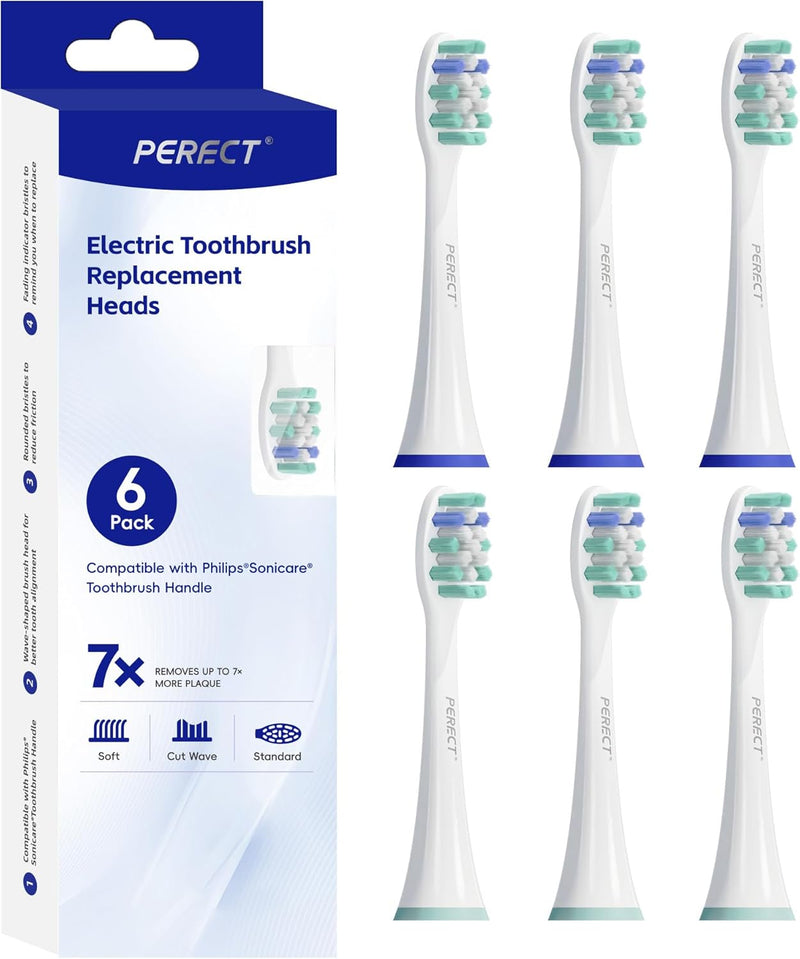 PERECT 6支装电动牙刷替换头 (适配飞利浦Sonicare/杜邦软毛/M型贴合) 白色