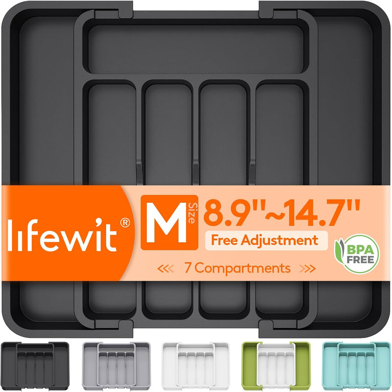 Lifewit 可伸缩餐具收纳盒/抽屉分隔整理盒 (7分区/BPA Free/不同抽屉适配) 黑色
