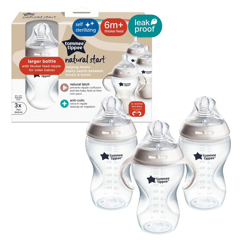 Tommee Tippee 52254326 Natural Start宽口径新生儿奶瓶，适合6个月以上，340ml，3个装