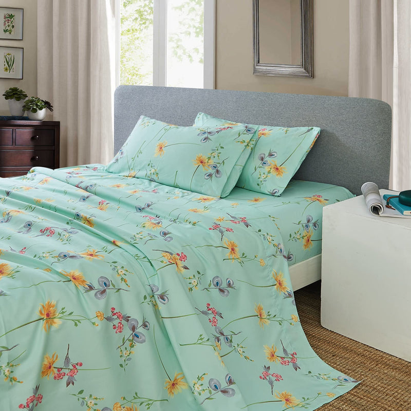 JSD 4 PC Print Set-BlueFlower-Q 绿色花卉印花床单四件套